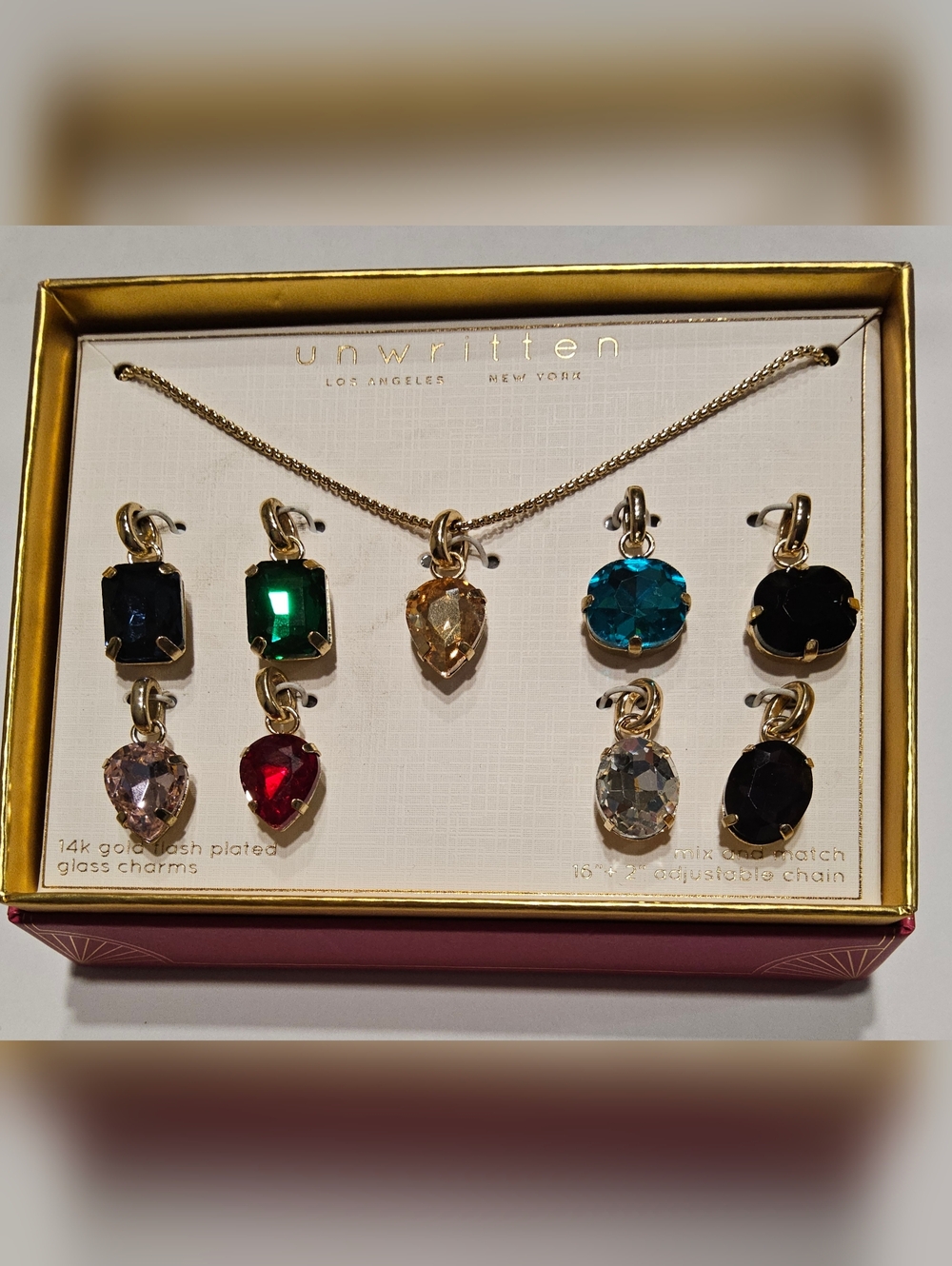 unwritten 14K Gold-Plated Multicolor Glass Charm Necklace Set